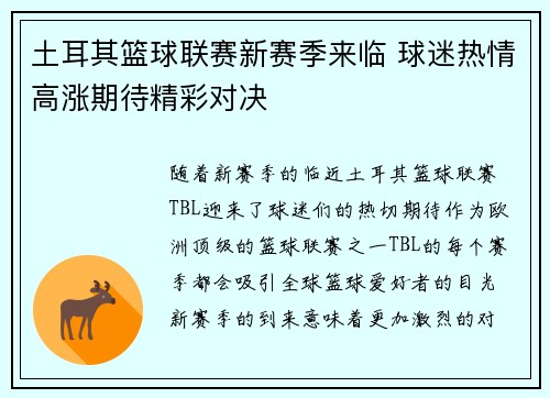 土耳其篮球联赛新赛季来临 球迷热情高涨期待精彩对决