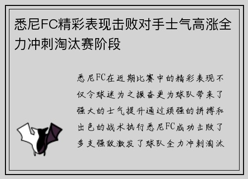 悉尼FC精彩表现击败对手士气高涨全力冲刺淘汰赛阶段