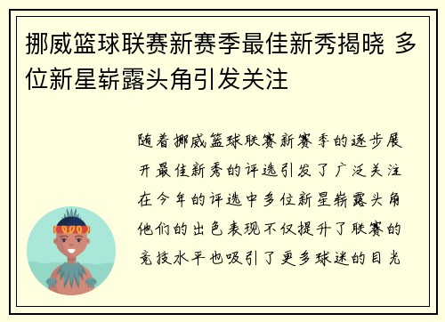 挪威篮球联赛新赛季最佳新秀揭晓 多位新星崭露头角引发关注