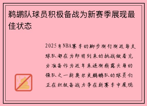 鹈鹕队球员积极备战为新赛季展现最佳状态