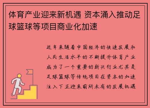 体育产业迎来新机遇 资本涌入推动足球篮球等项目商业化加速
